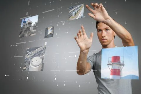 Young woman working with virtual interface. Engineer-technologist. Stock Photos