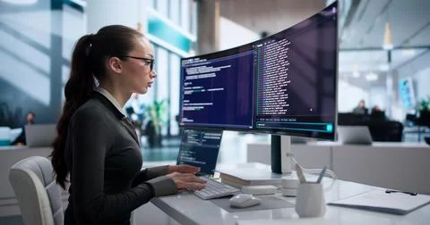 Young Woman Writes Web Code On Laptop Using Cloud-based Programming Tool. Stockfoto's
