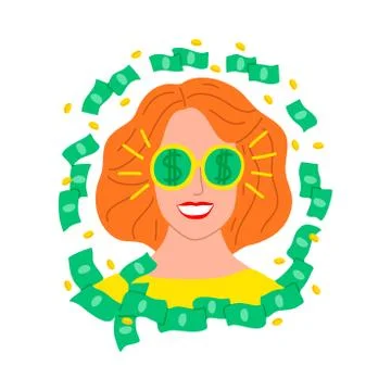 Young womans face surrounded with dollars vector illustration Ilustração Stock