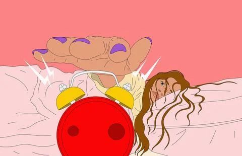 Young woman's hand hitting snooze button on alarm clock Stock Illustration