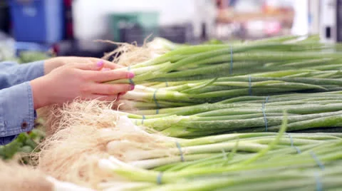 Young Woman's Hands Picking up Green Onions (Scallions) at Farmers Market Stock Footage 25130195