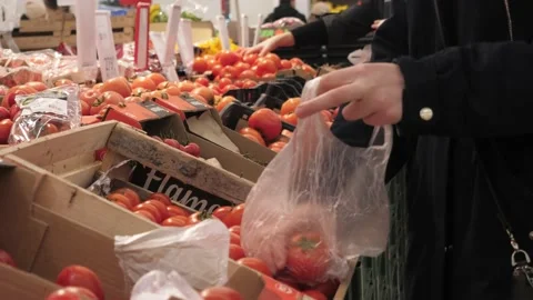 A young woman's hands picking tomatoes in a supermarket Stock Footage 232747403