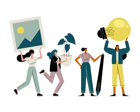 Young women group lifting objects characters Stock Illustration