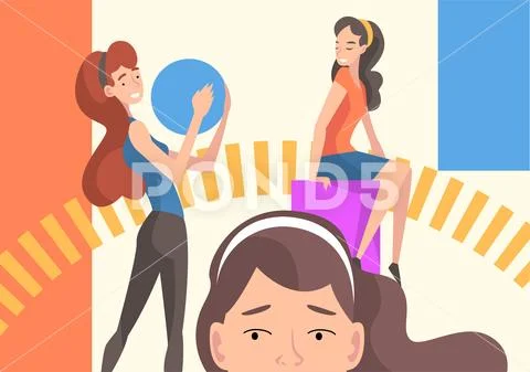 Young Women Organizing Colorful Abstract Geometric Shapes, Girls Holding Stock Illustration