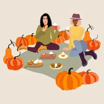 Young women on pumpkin patch picnic in autumn 스톡 일러스트