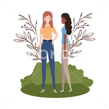 Young women standing with landscape background Stock Illustration