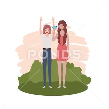 Young women standing with landscape background Stock Illustration