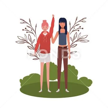 Young women standing with landscape background Stock Illustration