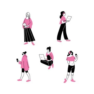 Young women using technological gadgets Stock Illustration