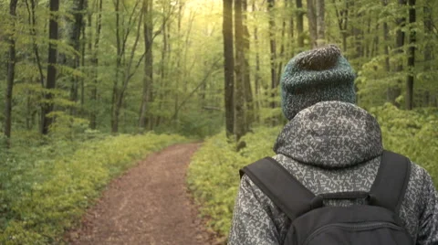 Young women walking on forest path in slow motion. Medium shot, handheld shot Stock Footage 62377095