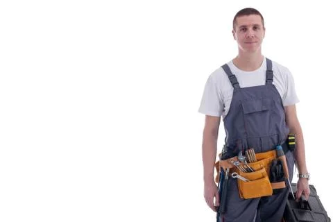Young worker with equipment toolbox isolated on white Foto stock