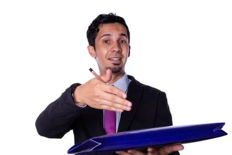 Young worker showing a folder to camera while smiling, isolated on white Stock Photos