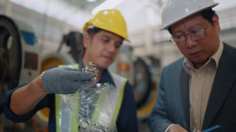 Young worker shows scrap metal to supervisor Stock Footage 341651676