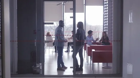 Young workers communicating in pairs at the modern office Stock Footage 74284723