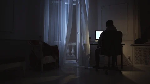 Young writer working on screenplay on computer at night room, cat on window sill Stock Footage 85707825