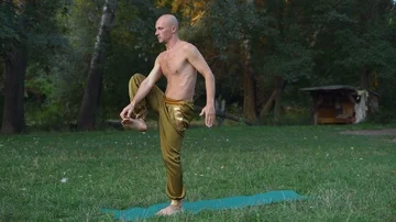 Young Yogi Performs Asan Yogi Standing on One Foot in the City Park Stock Footage 85738531