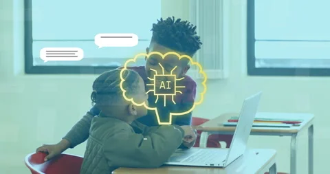 Younger boy tapping laptop and older boy pointing screen, creating neon AI brain Stock Footage 315541262