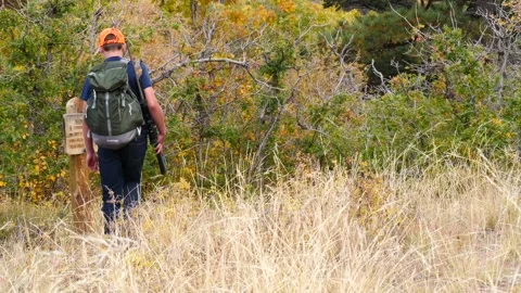 Younger hunter looking at a sign Stock Footage 254483942