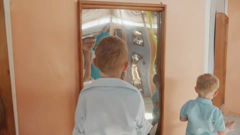 Youngsters enjoy amusing mirror distortions outdoors. Young children engage Vídeos de archivo 335316817