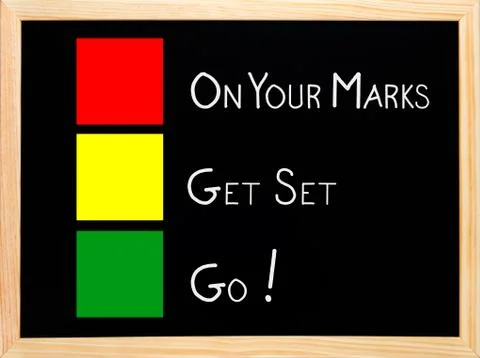 On your mark, get set, go,traffic light concept blackboard Stock Photos