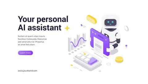 Your Personal AI Assistant Modern Isometric Banner Template With Robot And .. Stock Illustration