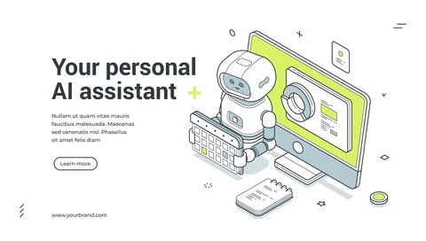 Your Personal AI Assistant Robot At Work Isometric Banner Vector Illustration Stockillustratie