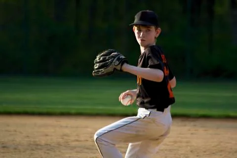 Youth Baseball Pitcher Preparing To Throw Stock Photos
