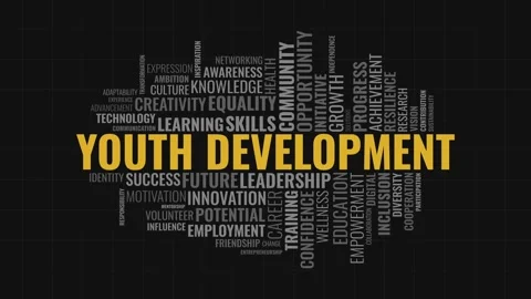 Youth Development Word Cloud Typography Motion Graphic on Dark Background Stock Footage 341620694