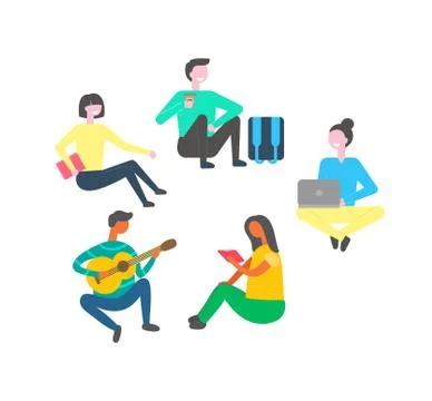 Youth Reading, Working on Computer Playing Guitar Illustrazione stock