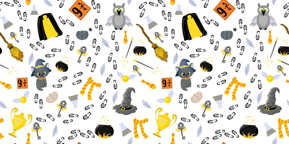 Youth seamless pattern. School of magic and witchcraft. Magical items. Broom  Illustrazione stock