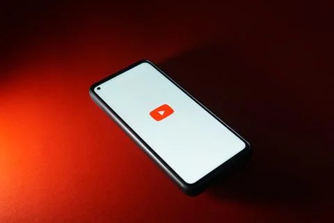 Youtube application logo on smartphone android system. Stock Photos