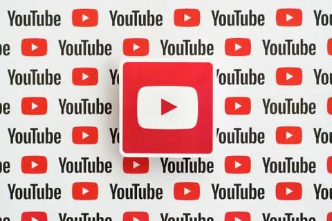 Youtube logo sticker on pattern printed on paper with small youtube logos and Stock Photos