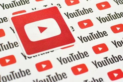 Youtube logo sticker on pattern printed on paper with small youtube logos and Stock Photos