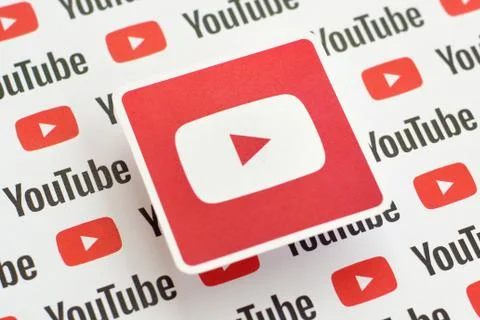 Youtube logo sticker on pattern printed on paper with small youtube logos and Stock Photos