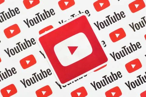Youtube logo sticker on pattern printed on paper with small youtube logos and Stock Photos