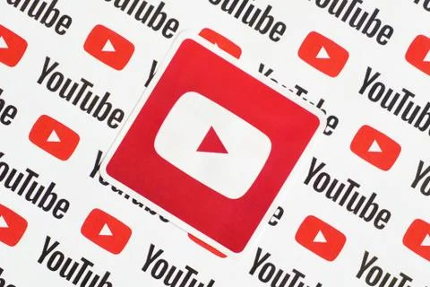 Youtube logo sticker on pattern printed on paper with small youtube logos and Stock Photos