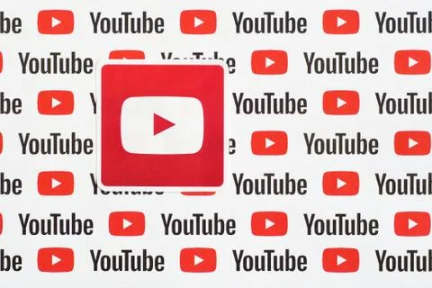 Youtube logo sticker on pattern printed on paper with small youtube logos and Stock Photos