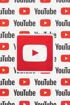 Youtube logo sticker on pattern printed on paper with small youtube logos and Stock Photos