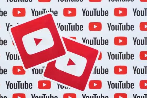 Youtube logo sticker on pattern printed on paper with small youtube logos and Stock Photos