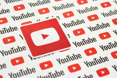 Youtube logo sticker on pattern printed on paper with small youtube logos and Stock Photos