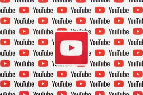 Youtube logo sticker on pattern printed on paper with small youtube logos and Stock Photos