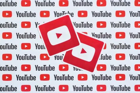 Youtube logo sticker on pattern printed on paper with small youtube logos and Stock Photos