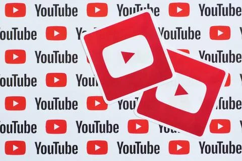 Youtube logo sticker on pattern printed on paper with small youtube logos and Stock Photos