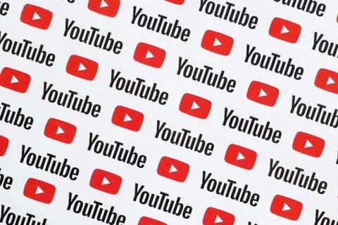 Youtube pattern printed on paper with small youtube logos and inscriptions. Y Stock Photos