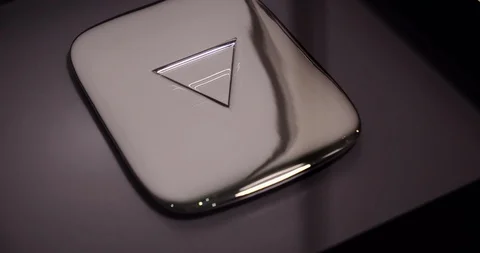 YouTube silver play button award, close up. Pan up. Stock Footage 119121919