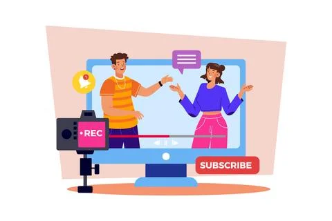 A YouTuber collaborates with other creators to make a video. Stock Illustration