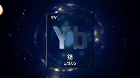Ytterbium as Element 70 of the Periodic Table 3D animation on blue background Stock Footage 126454984