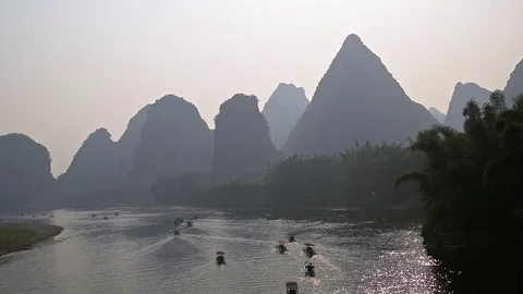 Yu Long River and Karst Mountain Landscape Stock Footage 81476917