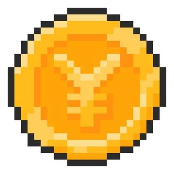 Yuan coin pixel art, vector 8 bit money cash golden coin, Japanese Yen or Stock Illustration