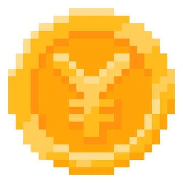 Yuan coin pixel art, vector retro 8 bit money cash golden coin, Japanese Yen or Ilustração Stock